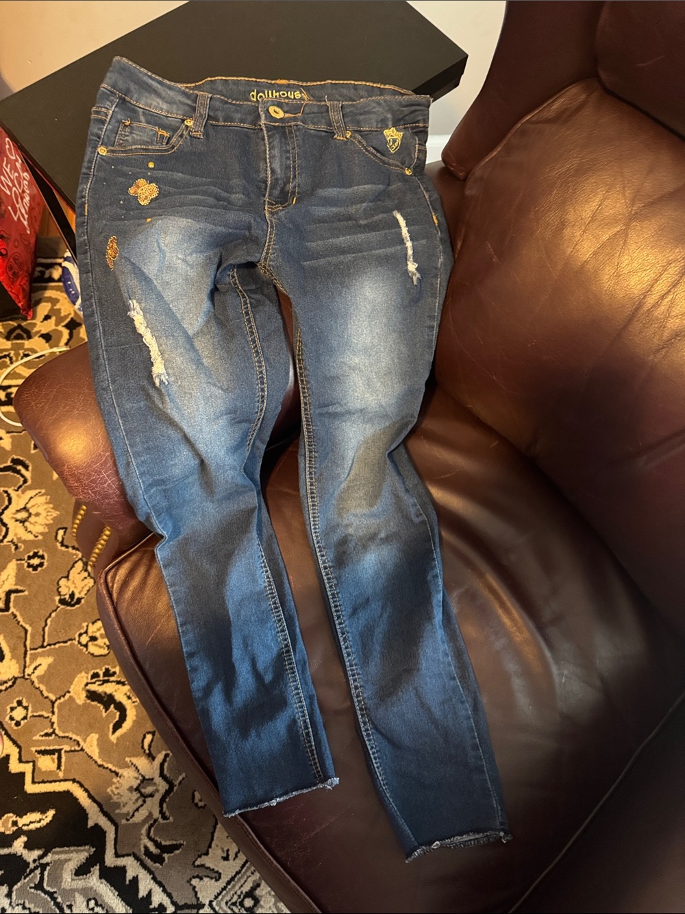 Dollhouse Blue Distressed Skinny Jeans with Gold Embroidery